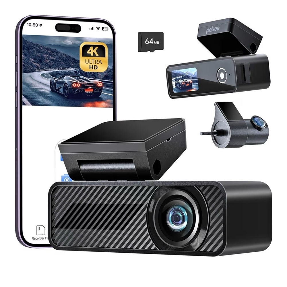 Pelsee P1 Duo 4K Dash Cam Front and Rear, 64 GB SD Card, WIFI, App Control, etc